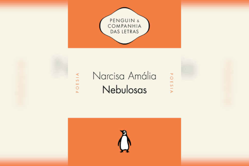 Capa do livro “Nebulosas – Narcisa Amália“ dividida em três blocos horizontais: duas faixas laranjas (uma no topo com o selo da editora e outra na base com o desenho de um pinguim) e uma faixa central branca com o título e nome da autora.