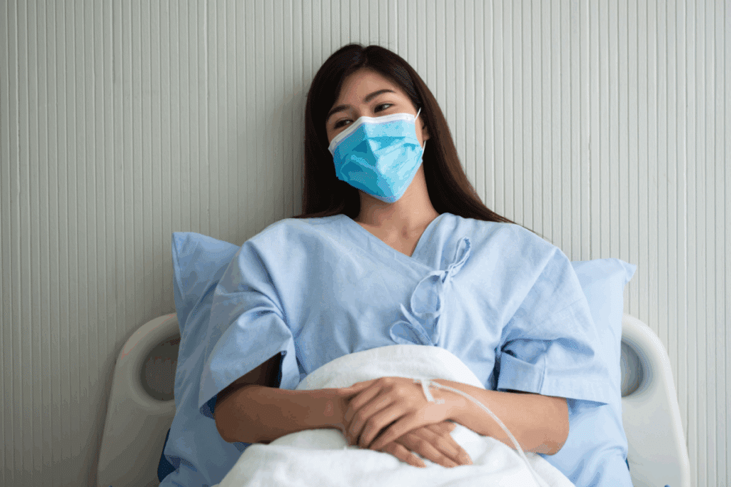 Uma paciente jovem deitada em uma cama de hospital, usando máscara cirúrgica descartável azul e camisola hospitalar clara, com um acesso venoso visível no dorso da mão.