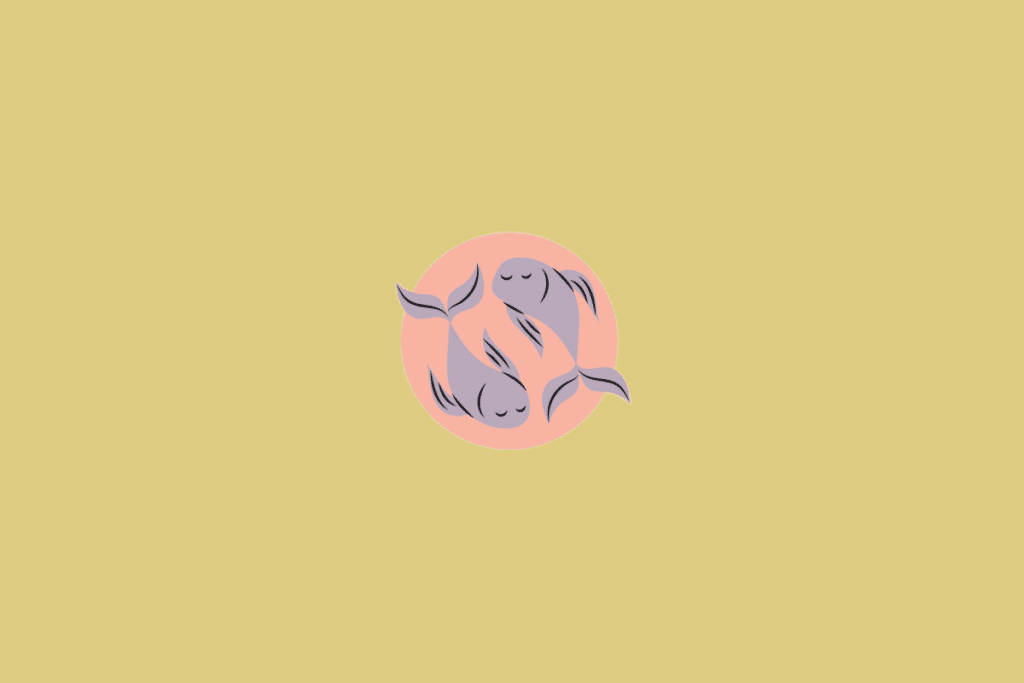 Ilustração estilizada de dois peixes lilases nadando em sentidos opostos formando um círculo, inserida em um fundo redondo rosa sobre uma tela amarelo-claro.