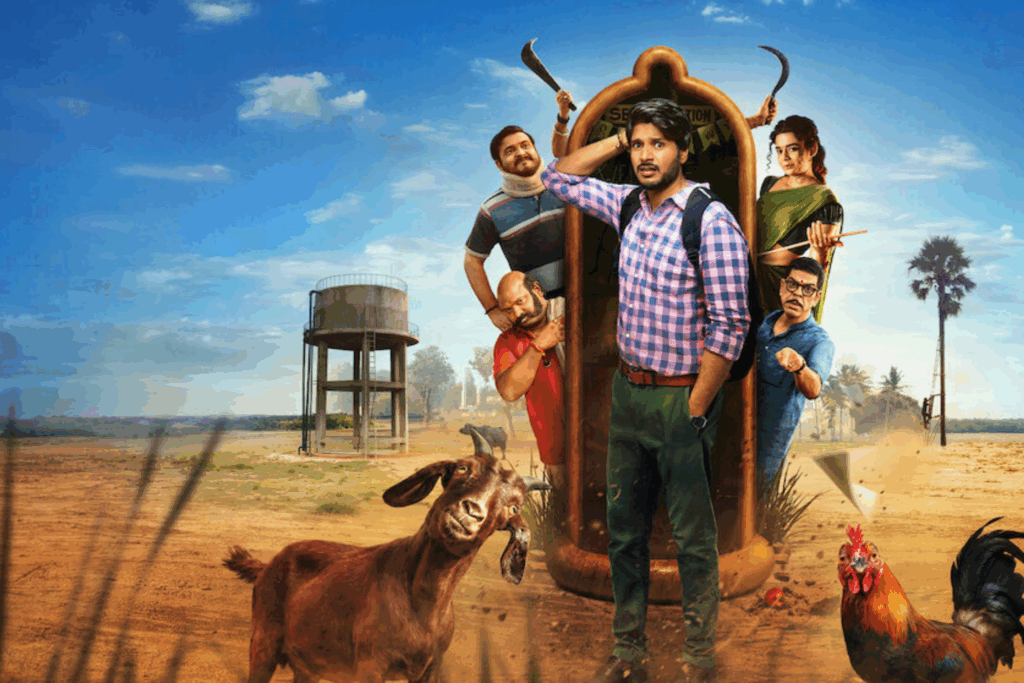 Cartaz colorido mostrando um jovem de camisa xadrez e mochila, segurando a cabeça com expressão de confusão ou surpresa. Ele está cercado por várias pessoas em um cenário rural, com uma caixa d’água elevada ao fundo, além de um bode em primeiro plano à esquerda e um galo à direita.