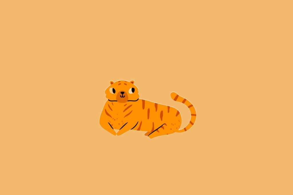 Ilustração minimalista de um tigre de cor alaranjada com listras escuras, deitado sobre um fundo sólido bege-alaranjado.