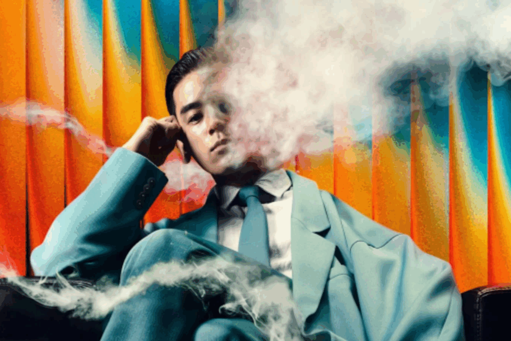 Homem de terno azul claro sentado em um sofá, com uma nuvem de fumaça envolvendo parte do seu rosto.