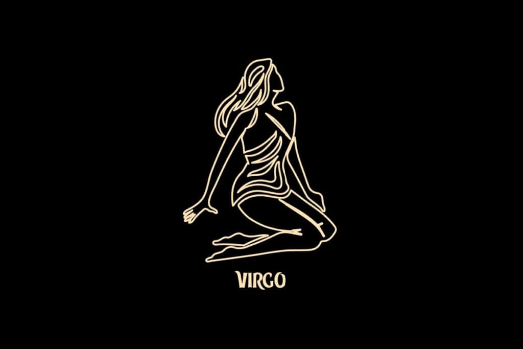 Ilustração em estilo de arte de linha bege sobre um fundo preto, representando o signo astrológico de Virgem. A imagem mostra a silhueta estilizada de uma mulher sentada de joelhos, levemente inclinada para trás, com cabelos longos e ondulados. Abaixo do desenho, está escrita a palavra "VIRGO" em uma fonte estilizada.