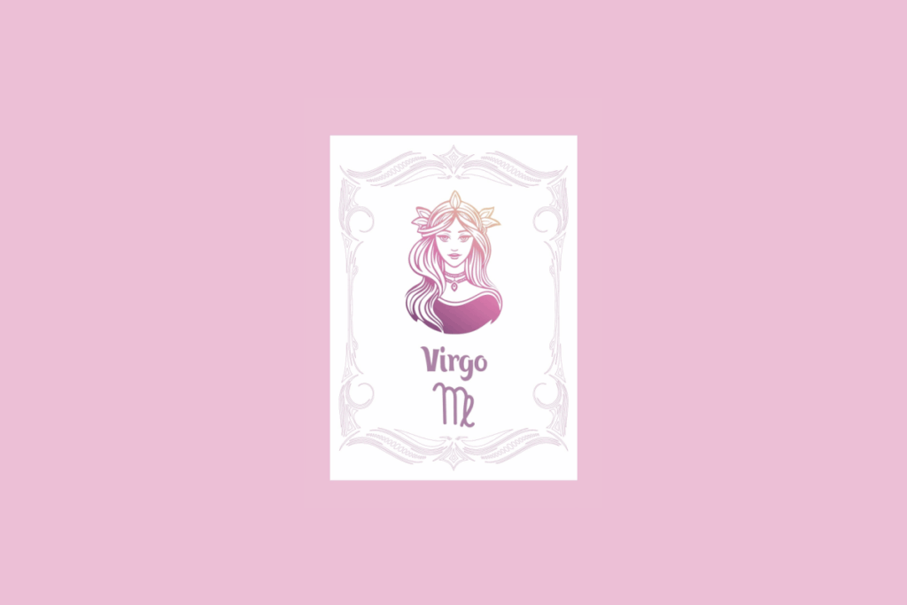 Um cartão branco com uma moldura ornamentada em rosa claro contém a ilustração do busto de uma mulher com um gradiente de roxo a laranja, e o texto "Virgo" acima do símbolo de virgem, tudo sobre um fundo rosa sólido.