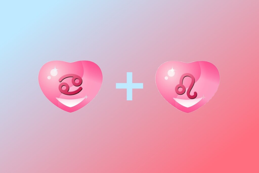 Ilustração de coração com símbolo do signo de Câncer com coração do signo de Leão em fundo degradê rosa e azul