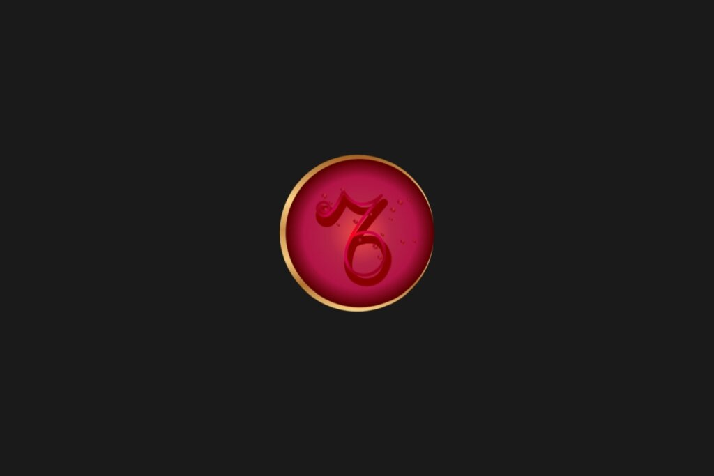 Ilustração do signo de Capricórnio, em um círculo vermelho com borda dourada, sobre um fundo preto