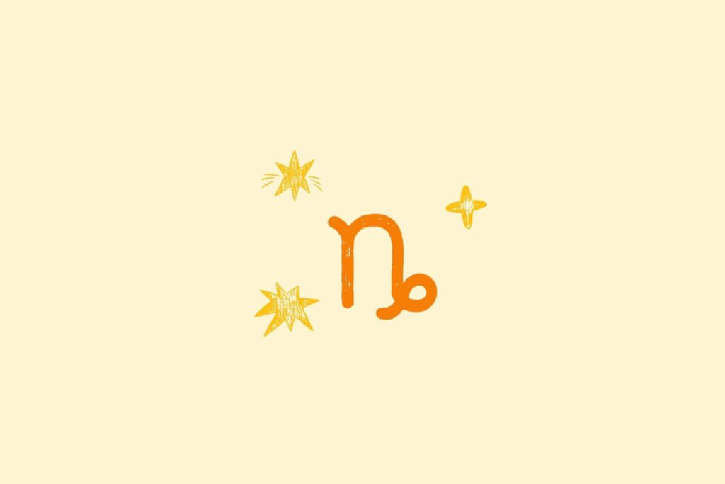 Ilustração do signo de capricórnio na cor laranja, centralizado em um fundo amarelo, e rodeado por estrelas