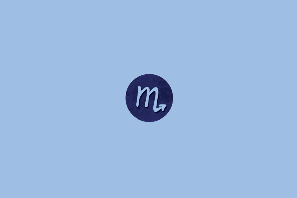 Círculo azul-escuro centralizado em fundo azul-claro. Dentro, o símbolo do signo de escorpião e manchas escuras ao redor