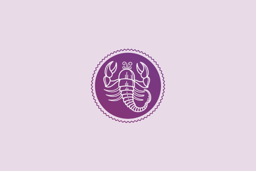 Ilustração de um círculo roxo com desenho de um escorpião no centro, representando o signo de escorpião, sobre fundo lilás