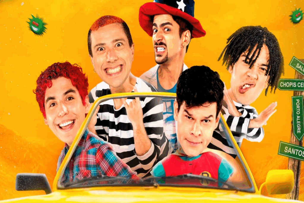 Ilustração com 5 homens com roupas coloridas dentro de carro amarelo em fundo amarelo