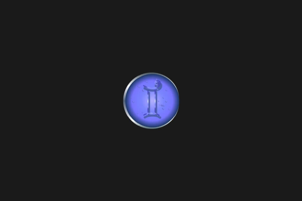Ilustração de um círculo azul, com o símbolo de gêmeos dentro, centralizado em um fundo preto