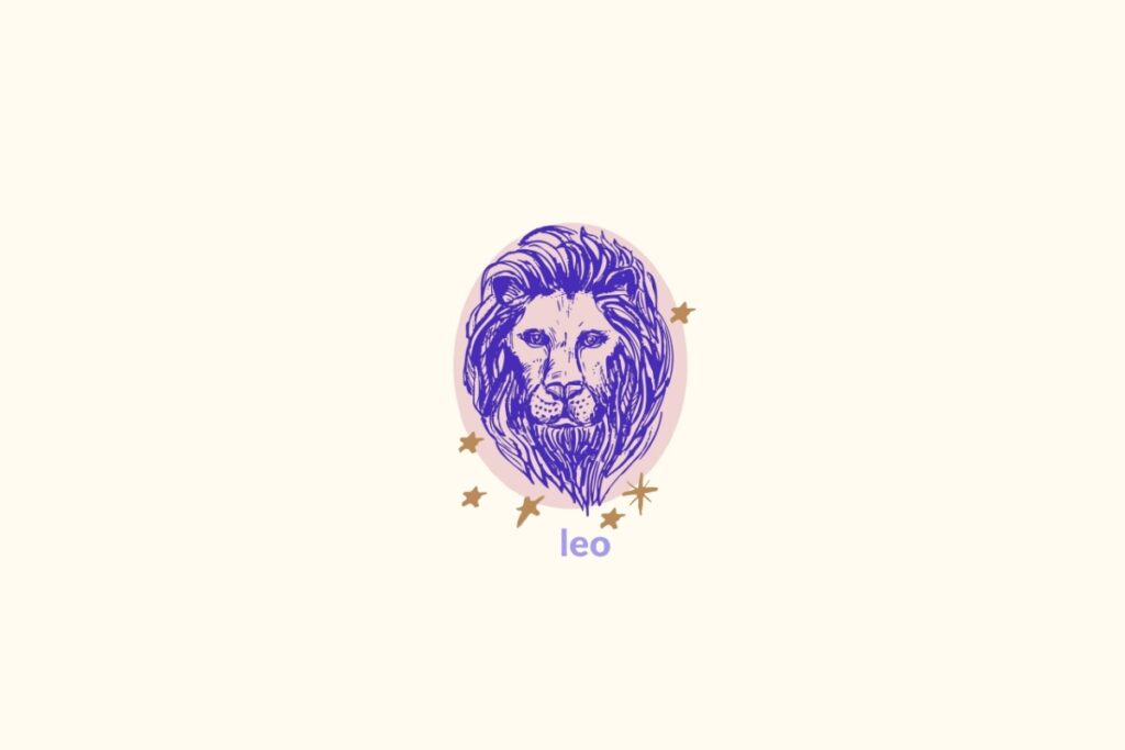 Ilustração de um leão dentro de um círculo rosa representando o signo de leão. Nome do signo abaixo e estrelas douradas ao redor