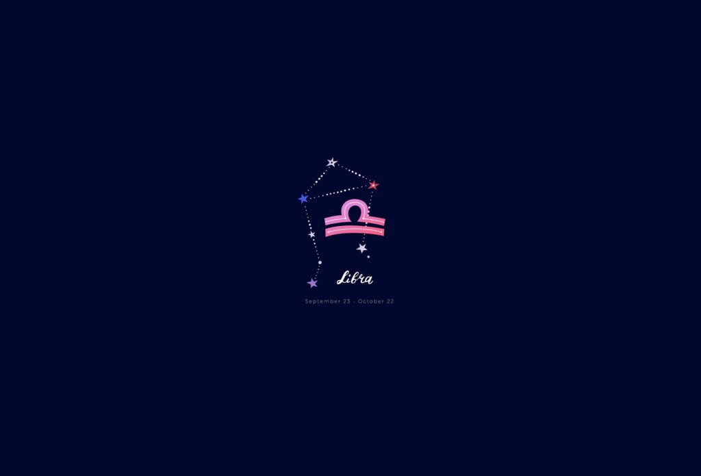Ilustração do signo de libra, na cor rosa, sobre um fundo azul-escuro, com a constelação do signo ao redor
