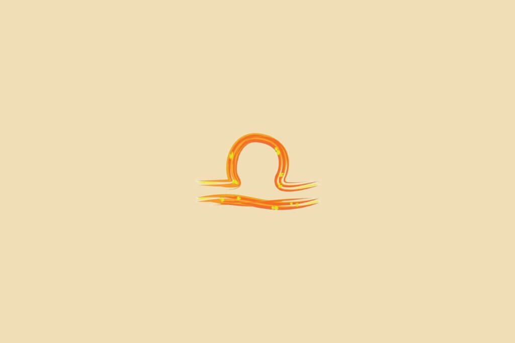 Ilustração do signo de libra, na cor laranja-escuro, centralizado em um fundo laranja-claro
