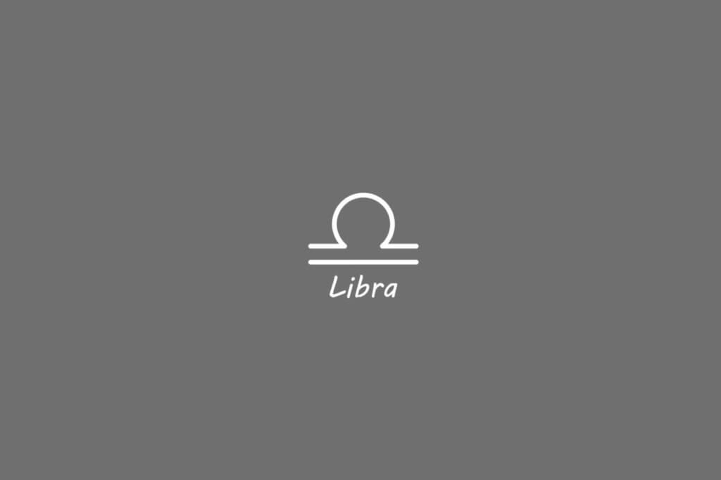 Símbolo do signo de libra, na cor banca, centralizado em um fundo cinza e com o nome embaixo