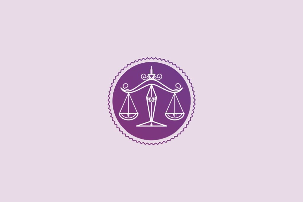 Ilustração de um círculo roxo com desenho de uma balança no centro, representando o signo de libra, sobre fundo lilás