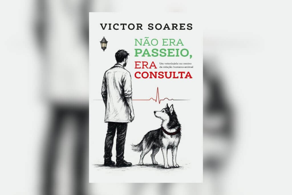 Capa de livro branca com o nome do autor em preto e título em verde e vermelho com ilustração de médico veterinário e cachorro da raça husky siberiano