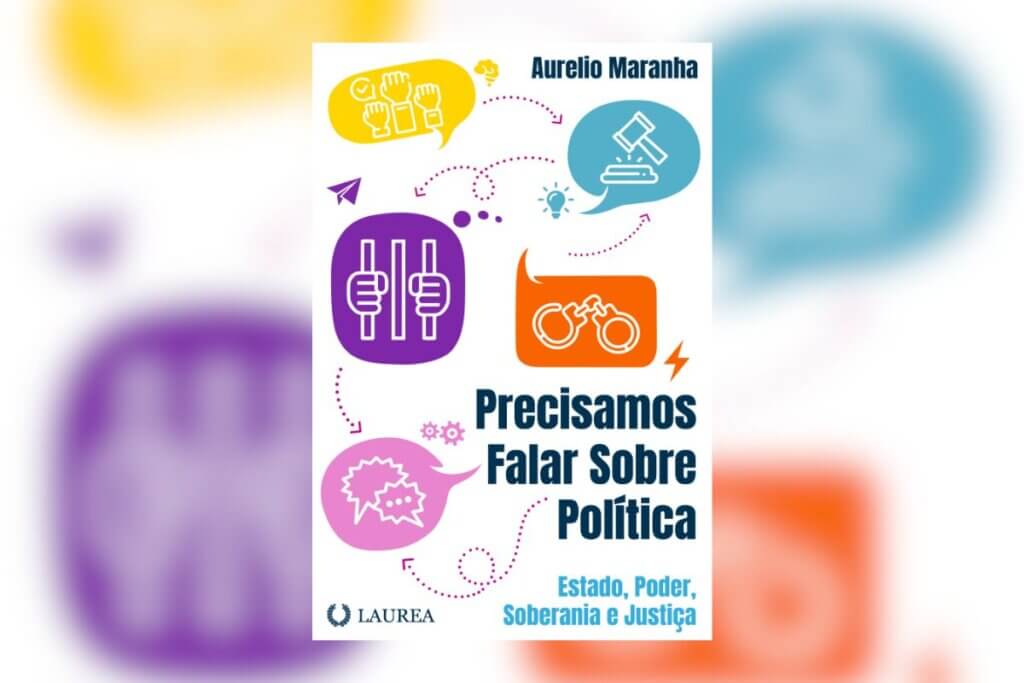 Capa de livro branca com título e nome do autor em azul escuro, e ilustração de balões de conversa coloridos com desenho de uma mão segurando grades, algemas, um martelo e mãos 