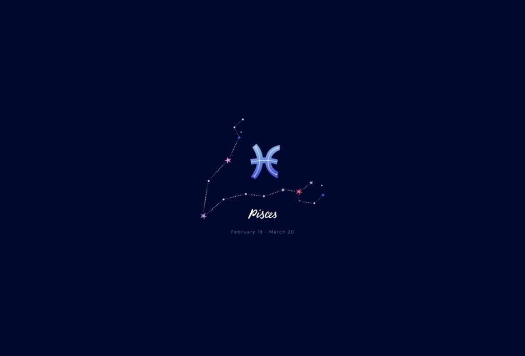 Ilustração do signo de peixes, na cor azul, sobre um fundo azul-escuro, com a constelação do signo ao redor