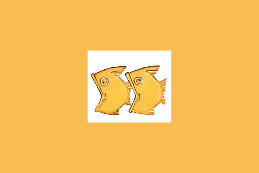 Uma ilustração simples de dois peixes, representando o signo de Peixes, sobre um fundo claro cercado por um tom alaranjado