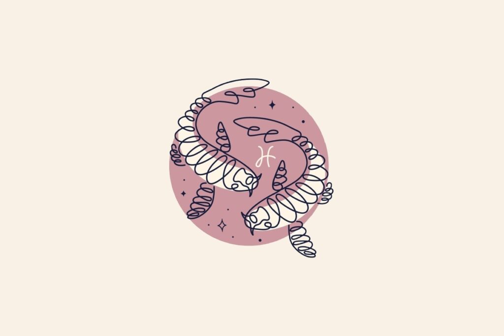 Desenho de dois peixes dentro de um círculo rosa. Fundo bege e símbolo do signo de peixes acima