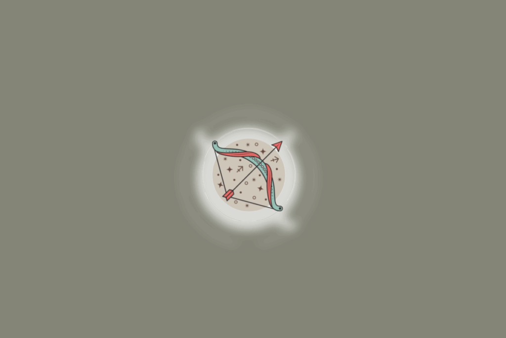 Ilustração de um arco e flecha iluminado por luz branca em fundo verde musgo