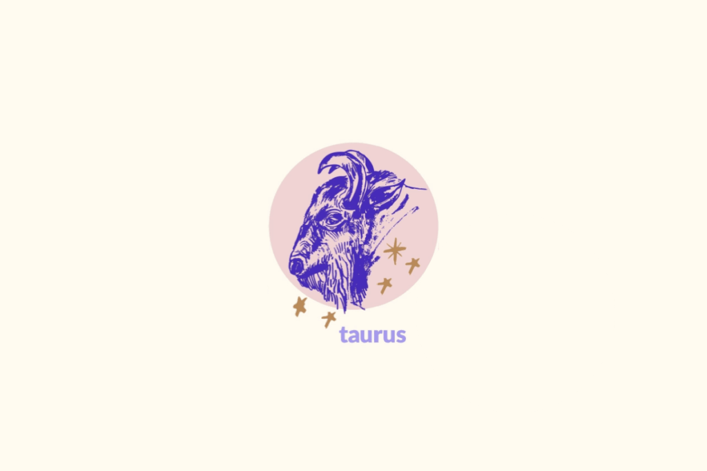 Ilustração de um touro dentro de um círculo rosa representando o signo de touro. Nome do signo abaixo e estrelas douradas ao redor