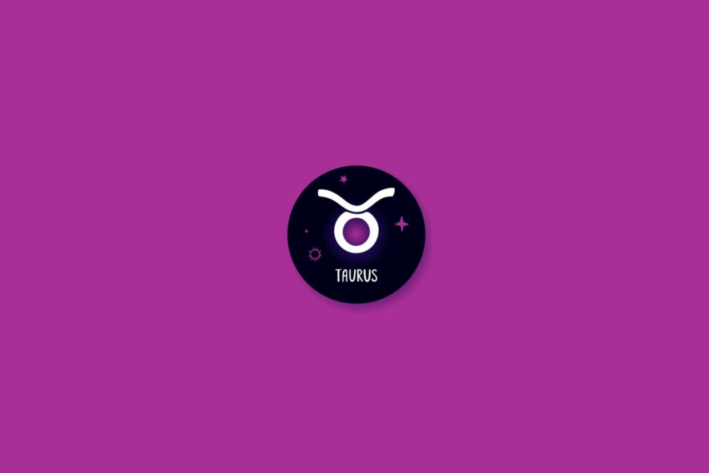 Ilustração de um círculo preto com o símbolo de touro dentro, com estrelas roxas, sobre um fundo roxo