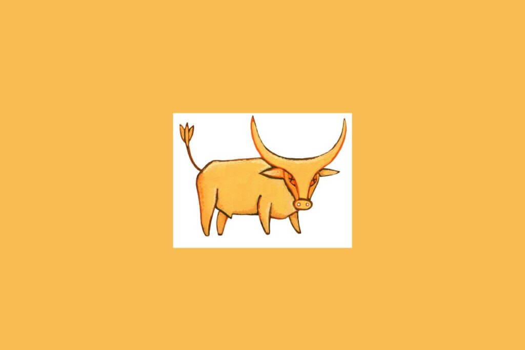 Uma ilustração simples de um touro estilizado, representando o signo de Touro, sobre um fundo claro cercado por um tom alaranjado