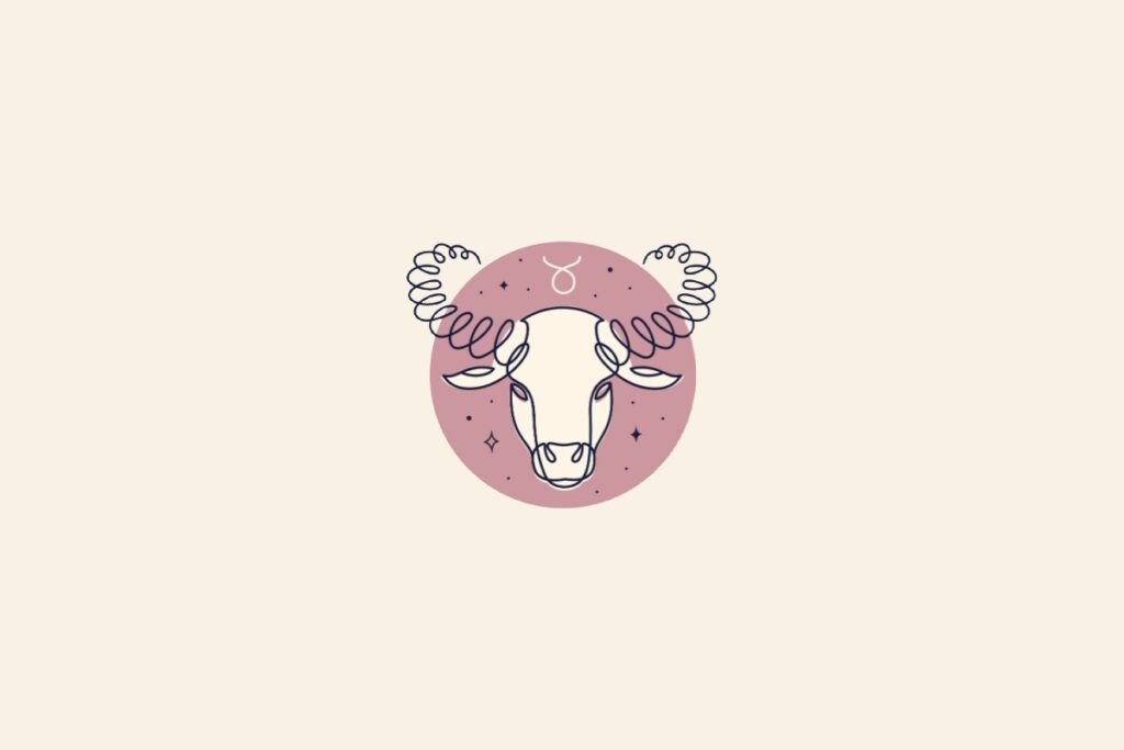 Desenho de um touro dentro de um círculo rosa. Fundo bege e símbolo do signo de touro acima