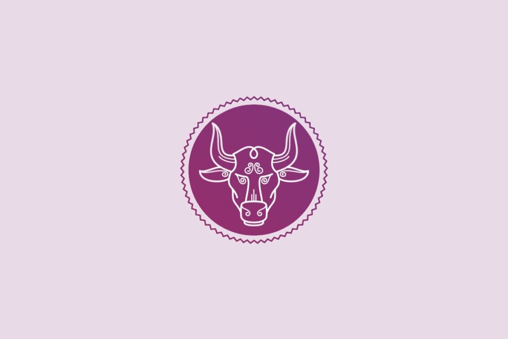 Ilustração de um círculo roxo com desenho de um touro no centro, representando o signo de touro, sobre fundo lilás