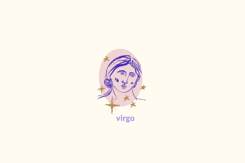 Ilustração do rosto de uma mulher dentro de um círculo rosa representando o signo de virgem. Nome do signo abaixo e estrelas douradas ao redor