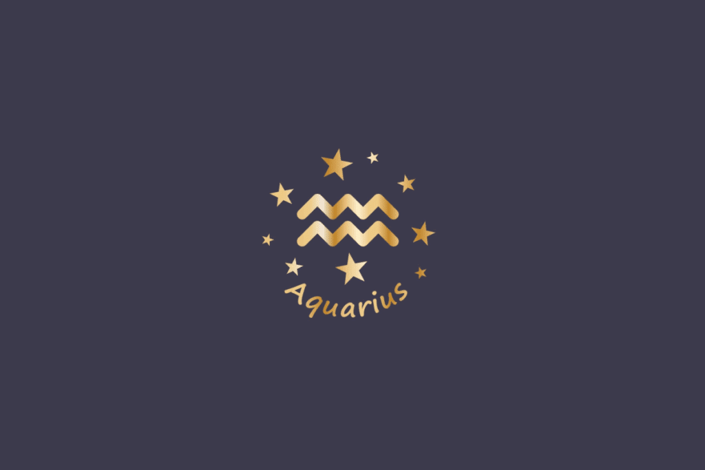 Ilustração do signo de Aquário, em fundo cinza, contendo o símbolo do signo em dourado, formado por duas linhas onduladas paralelas, cercado por estrelas e com o nome "Aquarius" abaixo