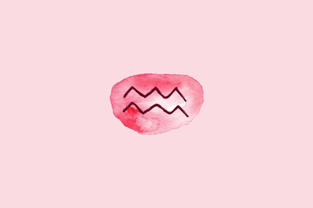 Ilustração do signo de Aquário contendo o símbolo de duas linhas horizontais em zigue-zague paralelas representando ondas em aquarela rosa sobre fundo rosa-claro