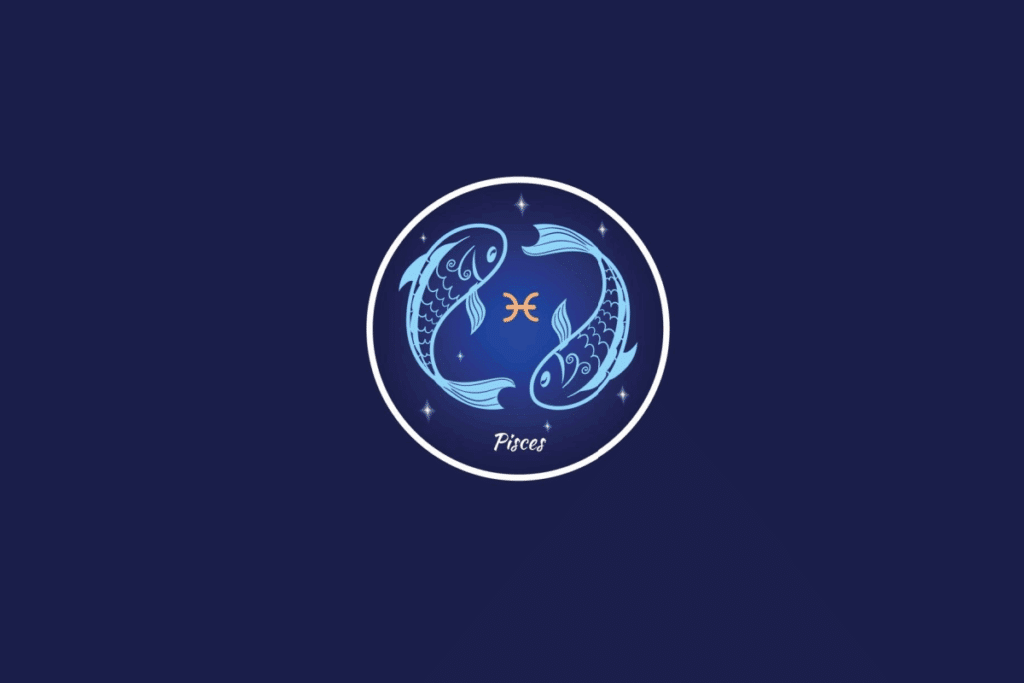 Ilustração do signo de Peixes, contendo dois peixes nadando em sentidos opostos e o símbolo do signo em laranja, dentro de um círculo estrelado, em fundo azul-escuro