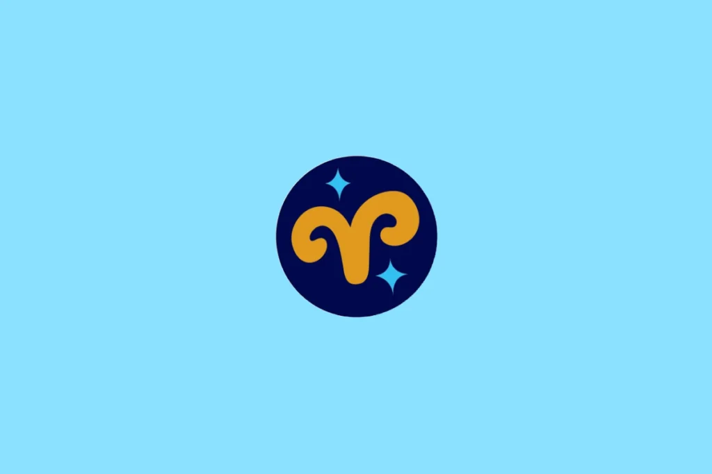 Ilustração do signo de Áries, contendo o símbolo do carneiro (duas curvas simétricas partindo de um ponto central), em fundo azul-claro