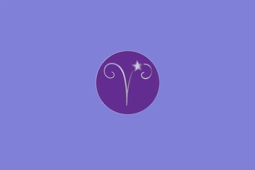 Ilustração do signo de Áries, contendo símbolo estilizado em forma de chifres curvos com estrela ao lado, em fundo roxo