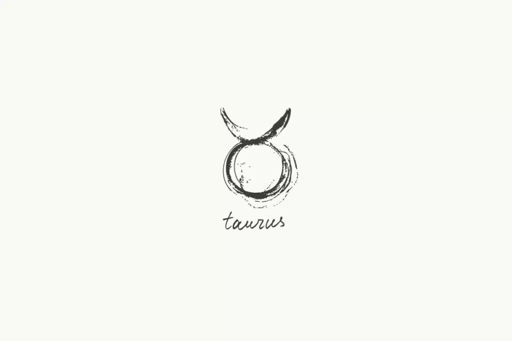 Ilustração do signo de Touro, contendo um círculo com dois traços arqueados voltados para cima representando os chifres, em fundo claro