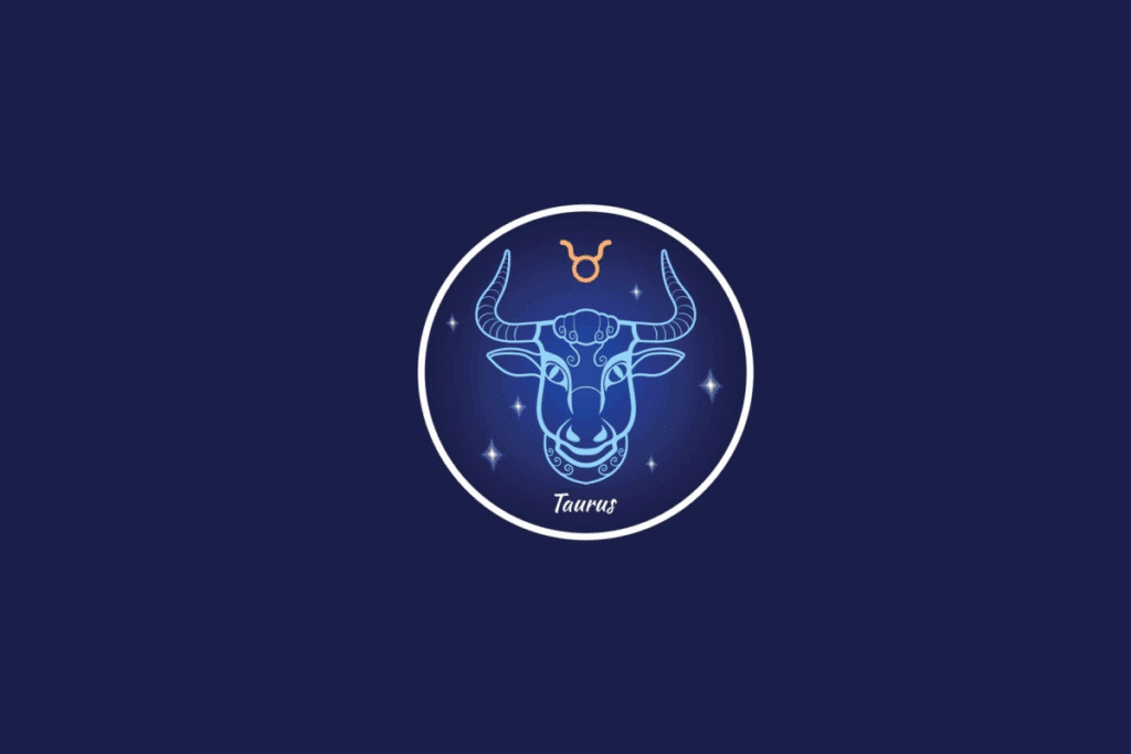 Ilustração do signo de Touro, contendo a cabeça de um touro de chifres erguidos e o símbolo do signo em laranja, dentro de um círculo estrelado, em fundo azul-escuro