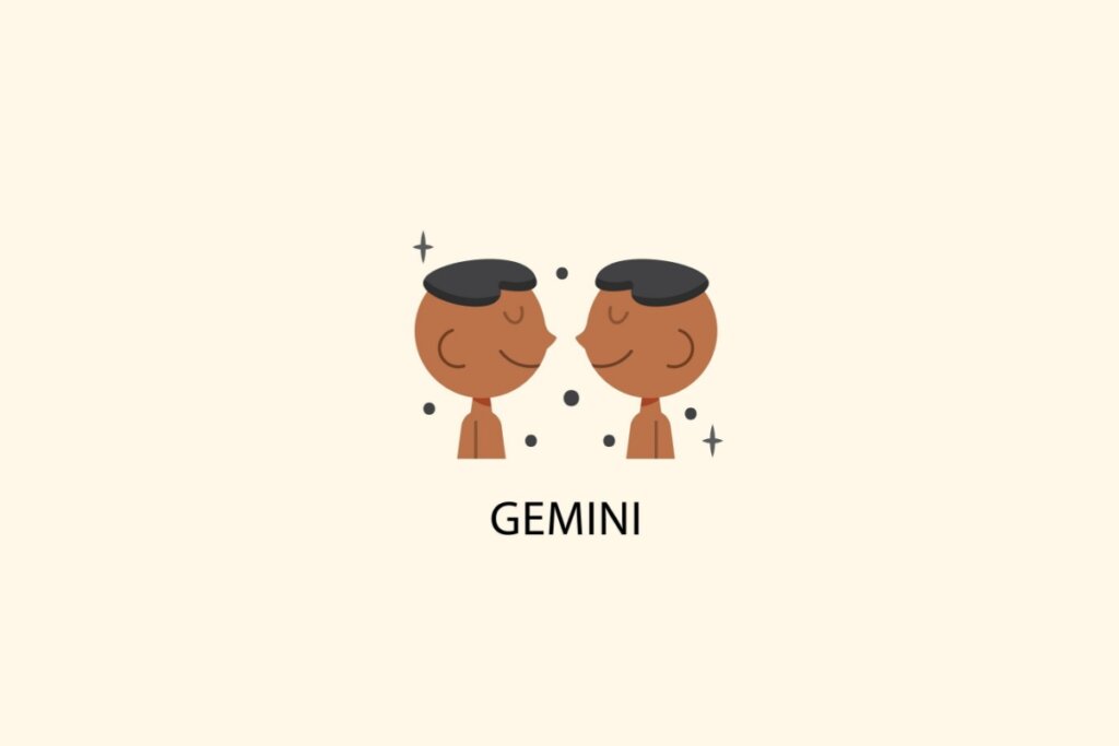 Ilustração do signo de Gêmeos, em fundo bege-claro, contendo duas figuras humanas de pele marrom e cabelos pretos, voltadas uma para a outra e sorrindo