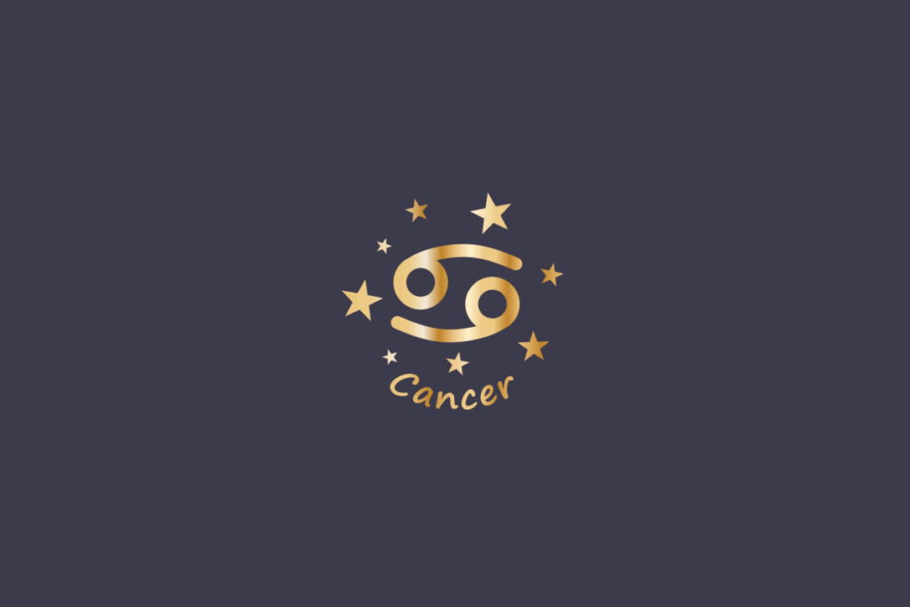 Ilustração do signo de Câncer, em fundo cinza, contendo o símbolo do signo em dourado, formado por duas espirais entrelaçadas, cercado por estrelas e com o nome "Cancer" abaixo