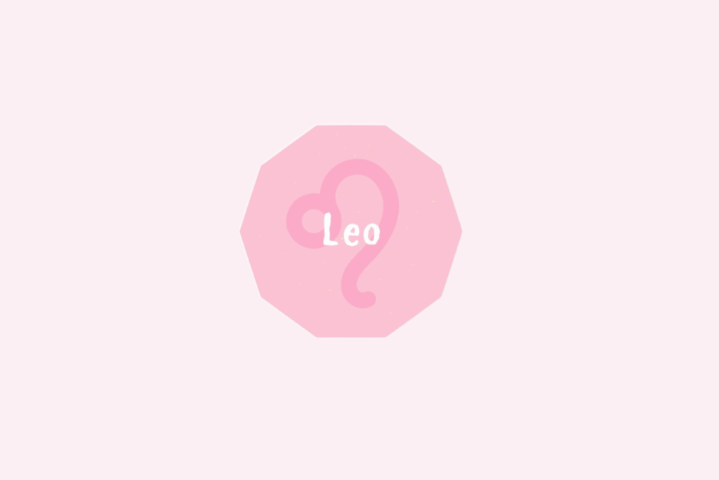 Símbolo do signo de Leão, um círculo com uma cauda curva semelhante à juba de um leão, em rosa sobre um octógono rosa-claro, com o nome "Leo" escrito ao centro