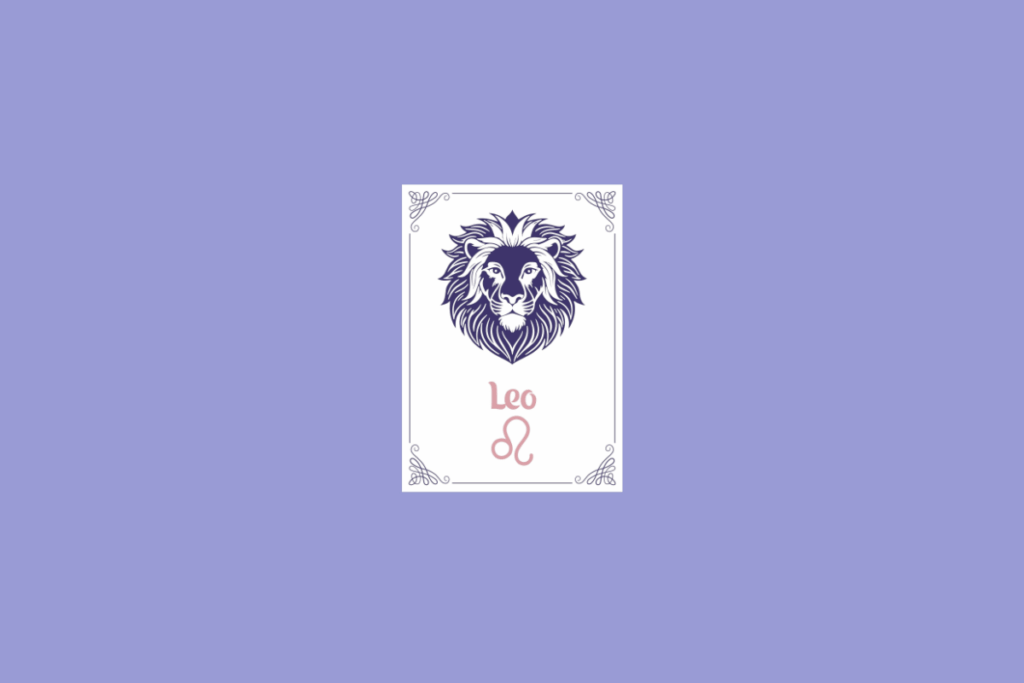 Ilustração do signo de Leão, em fundo lilás, contendo uma carta branca com bordas ornamentadas, a cabeça de um leão de juba volumosa em roxo-escuro e, abaixo, o nome "Leo" e o símbolo do signo em rosa