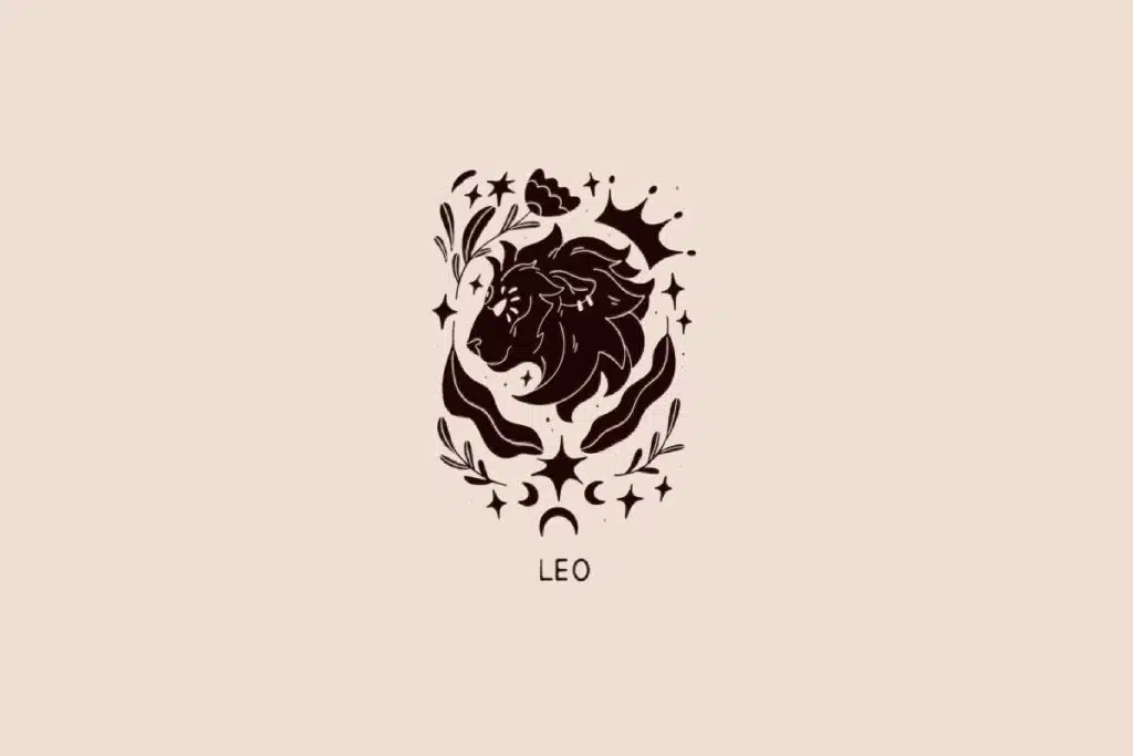 Ilustração do signo de Leão contendo a cabeça de um leão cercada por folhas e estrelas em fundo bege