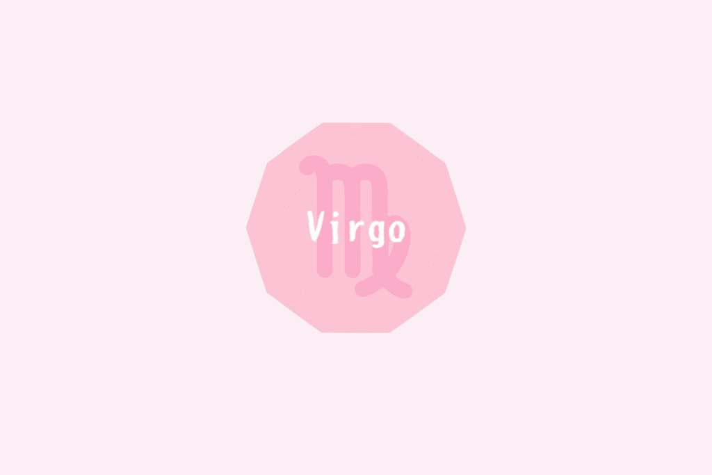 Símbolo do signo de Virgem, semelhante à letra "M" com uma alça curvada para dentro, em rosa sobre um octógono rosa-claro, com o nome "Virgo" escrito ao centro