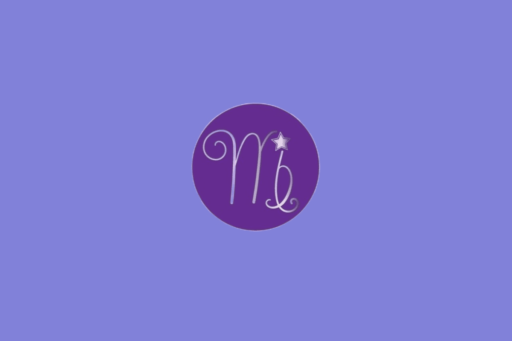 Ilustração do signo de Virgem, contendo símbolo semelhante à letra M com curva final e estrela ao lado, em fundo roxo