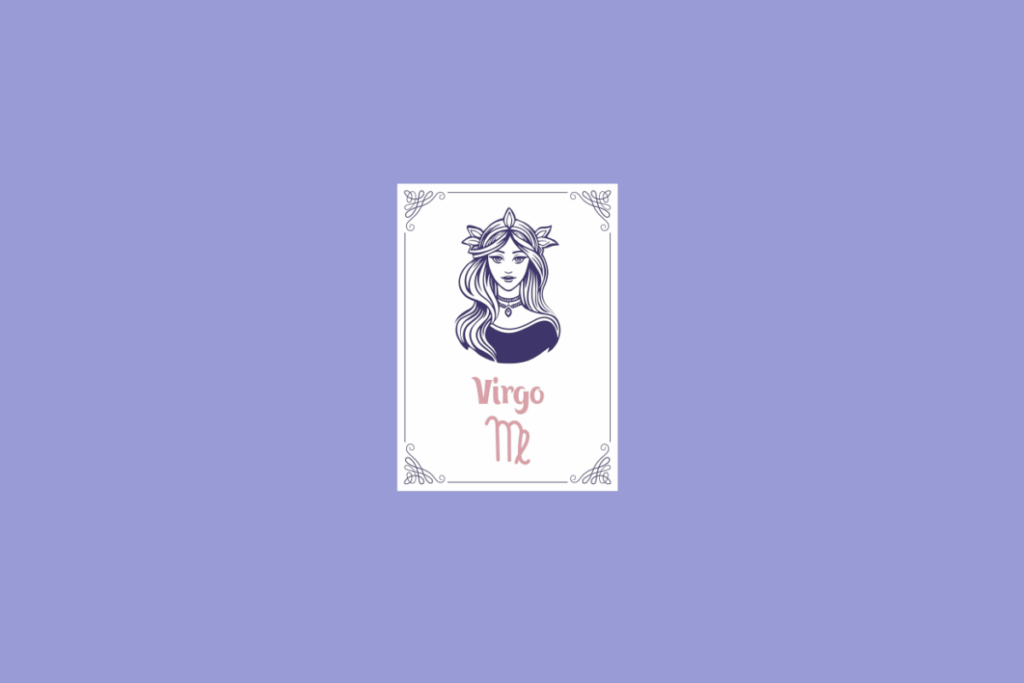 Ilustração do signo de Virgem, em fundo lilás, contendo uma carta branca com bordas ornamentadas, uma jovem de cabelos longos e coroa de folhas em roxo-escuro e, abaixo, o nome "Virgo" e o símbolo do signo em rosa