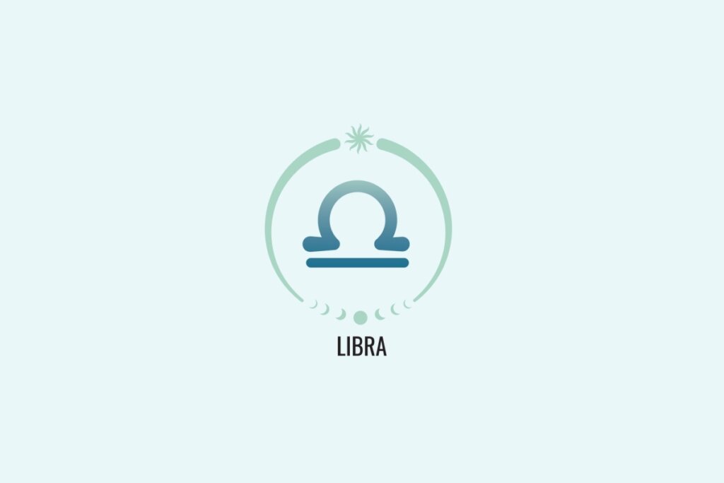 Ilustração do signo Libra, com símbolo em formato de uma balança estilizada, composta por um arco sobre uma linha reta, em azul esverdeado, sobre fundo verde-claro
