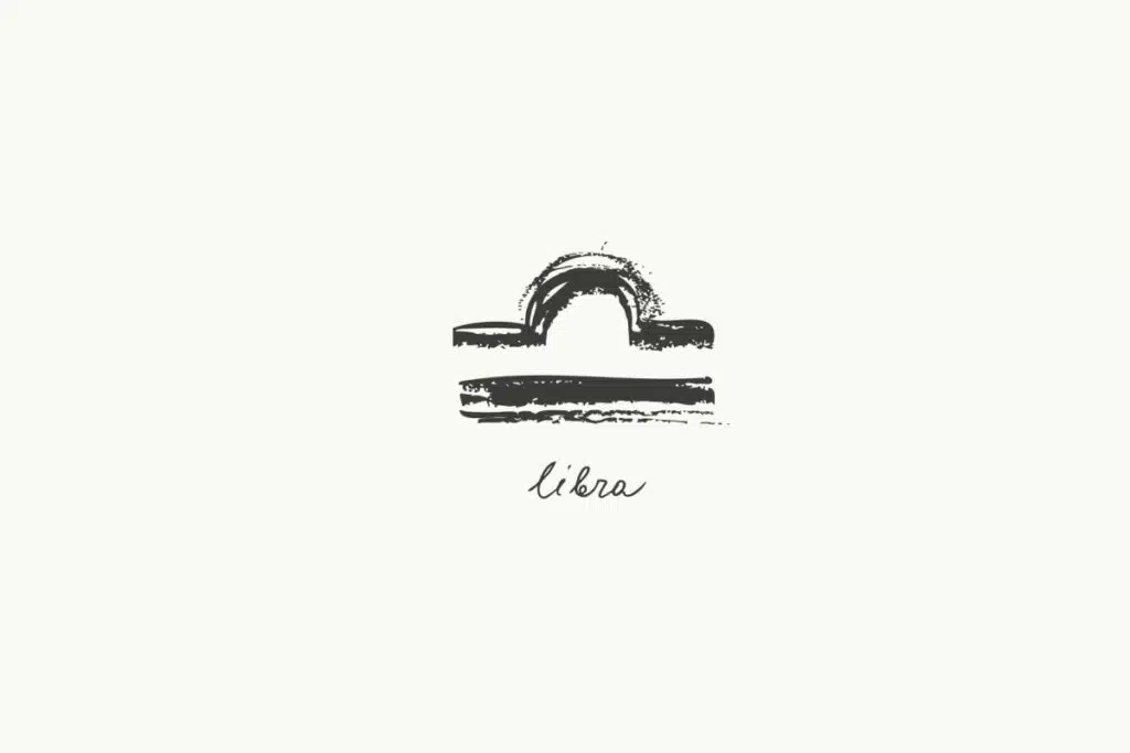 Ilustração do signo de Libra, contendo uma forma semelhante a uma balança com um arco acima de duas linhas horizontais, em fundo claro
