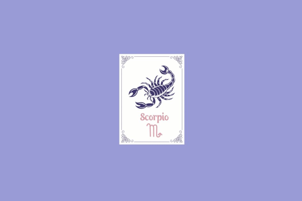 Ilustração do signo de Escorpião, em fundo lilás, contendo uma carta branca com bordas ornamentadas, um escorpião de cauda erguida em roxo-escuro e, abaixo, o nome "Scorpio" e o símbolo do signo em rosa